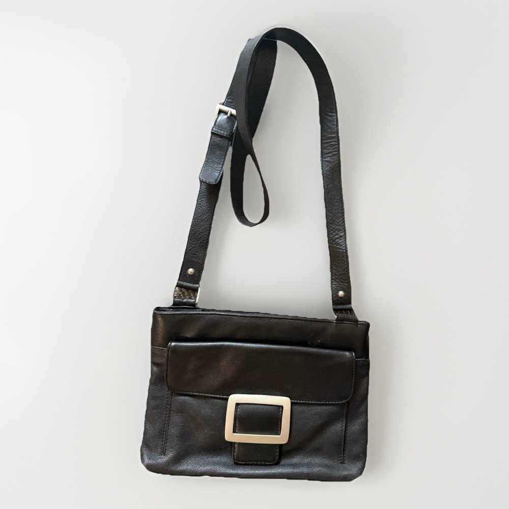 Paul Taylor Black Leather Shoulder Purse With Large Silver Buckle‎